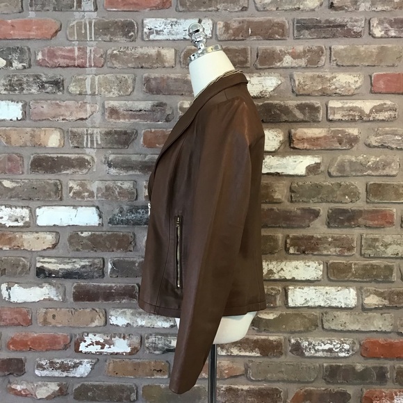 COLE HAAN Women's Mocha Brown Leather Molded Collar Asymmetric Jacket M - Picture 3 of 7